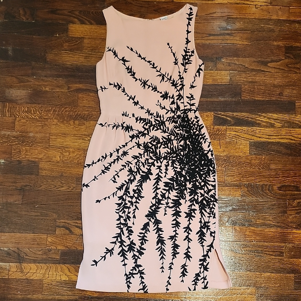 Beth Bowley 100% Silk Pink with Leaf Design Sheath Midi Dress